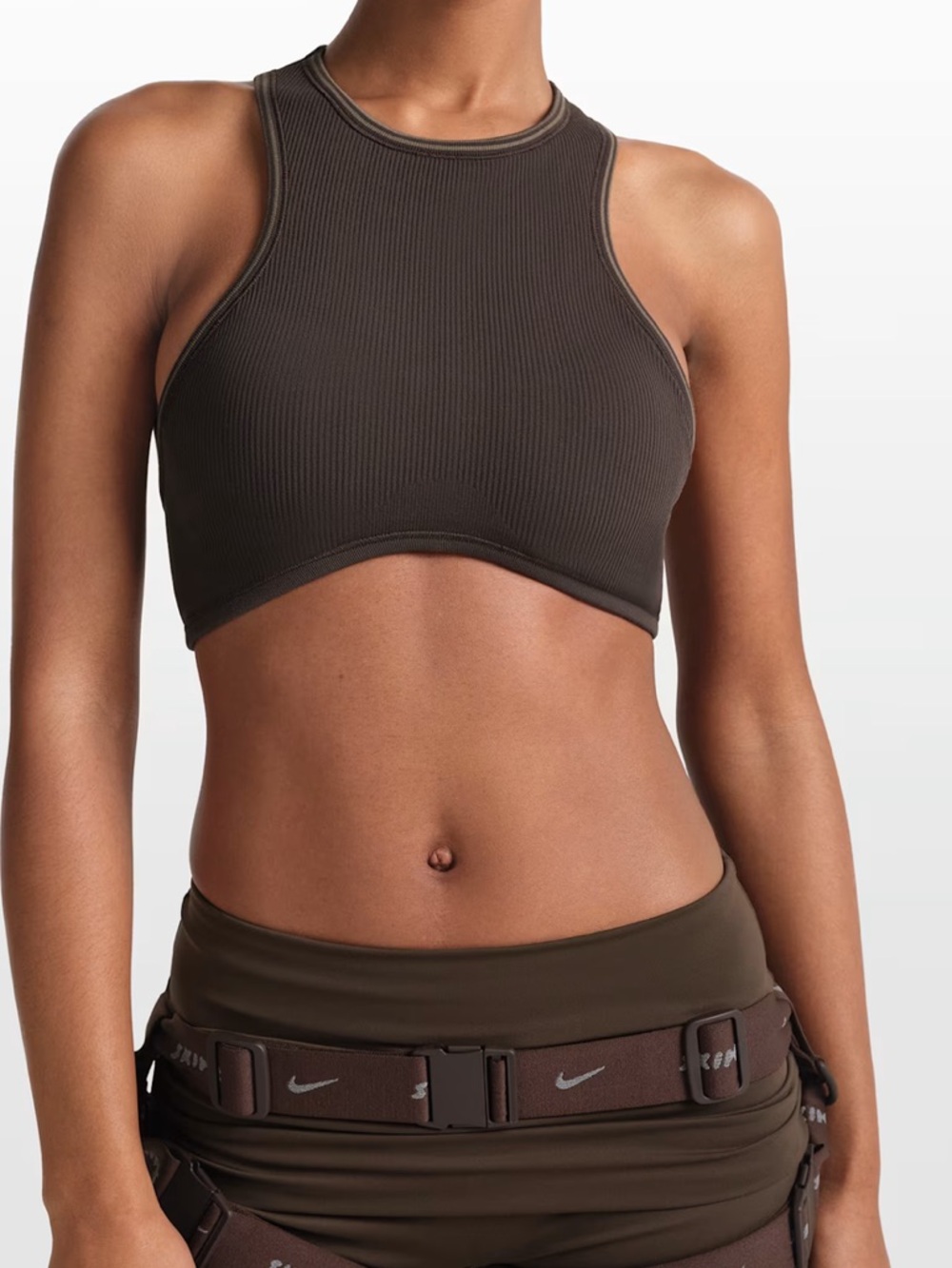SKIMS Ribbed Seamless Racer Front Tank in the color Phoenix/NSKM Truffle